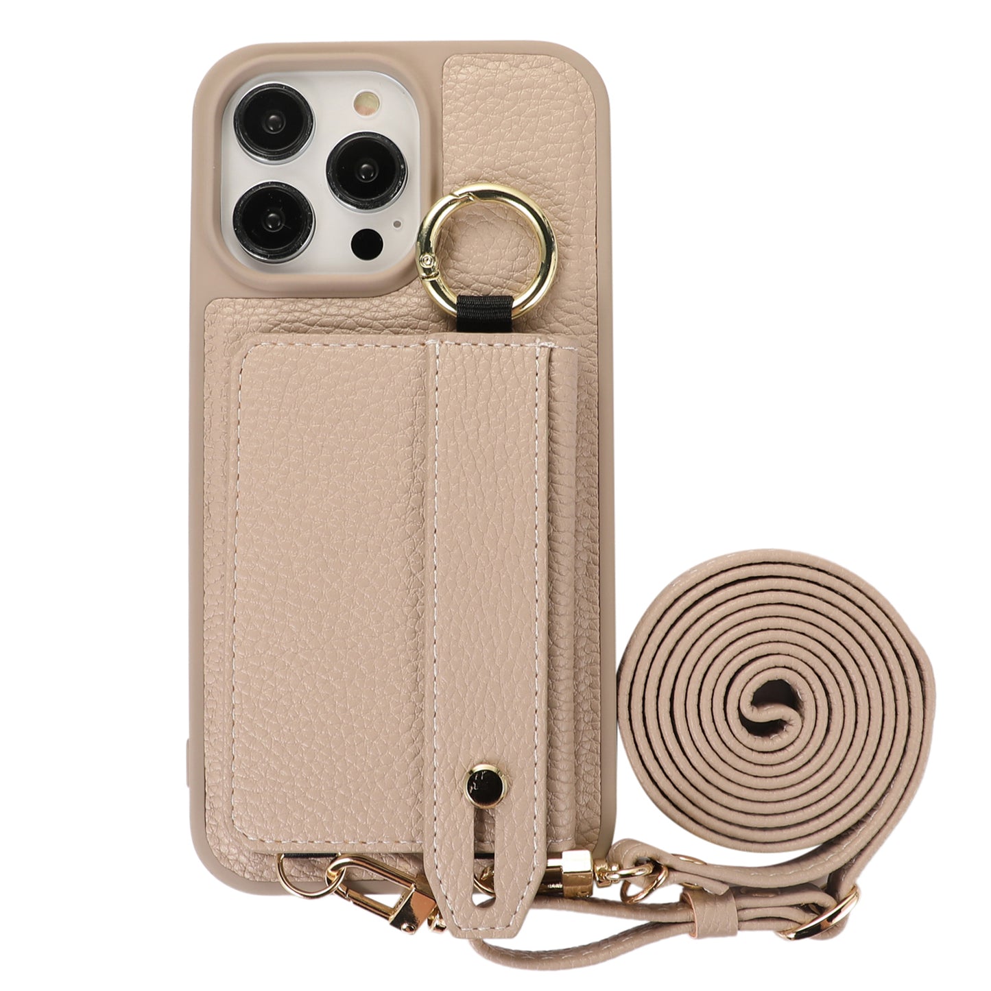 For iPhone 13 Pro 6.1 inch Card Holder Leather+TPU Phone Cover Hand Strap Kickstand Case with Shoulder Strap