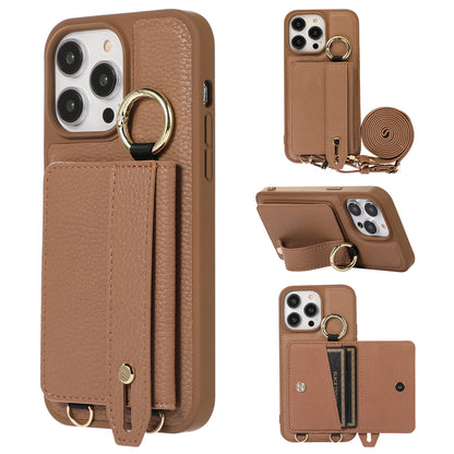 For iPhone 13 Pro 6.1 inch Card Holder Leather+TPU Phone Cover Hand Strap Kickstand Case with Shoulder Strap
