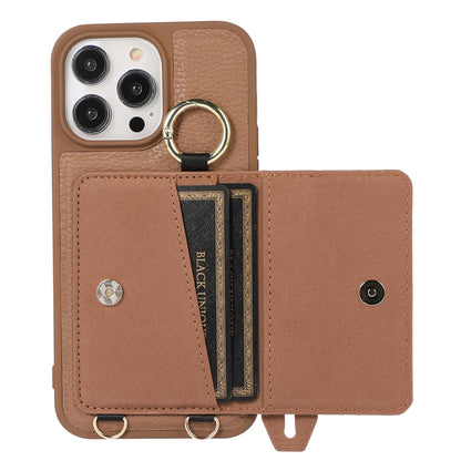 For iPhone 13 Pro 6.1 inch Card Holder Leather+TPU Phone Cover Hand Strap Kickstand Case with Shoulder Strap