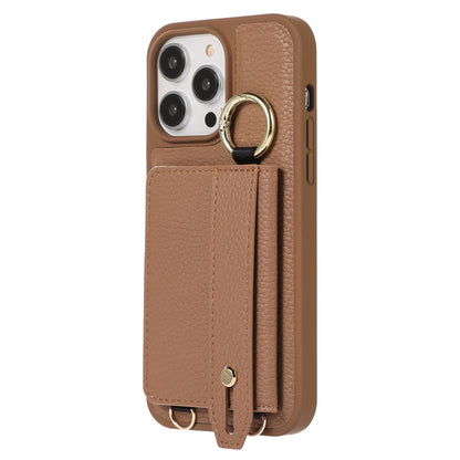 For iPhone 13 Pro 6.1 inch Card Holder Leather+TPU Phone Cover Hand Strap Kickstand Case with Shoulder Strap