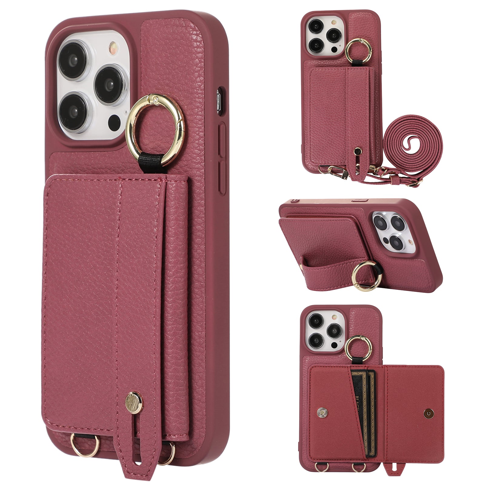 For iPhone 13 Pro 6.1 inch Card Holder Leather+TPU Phone Cover Hand Strap Kickstand Case with Shoulder Strap