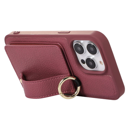For iPhone 13 Pro 6.1 inch Card Holder Leather+TPU Phone Cover Hand Strap Kickstand Case with Shoulder Strap