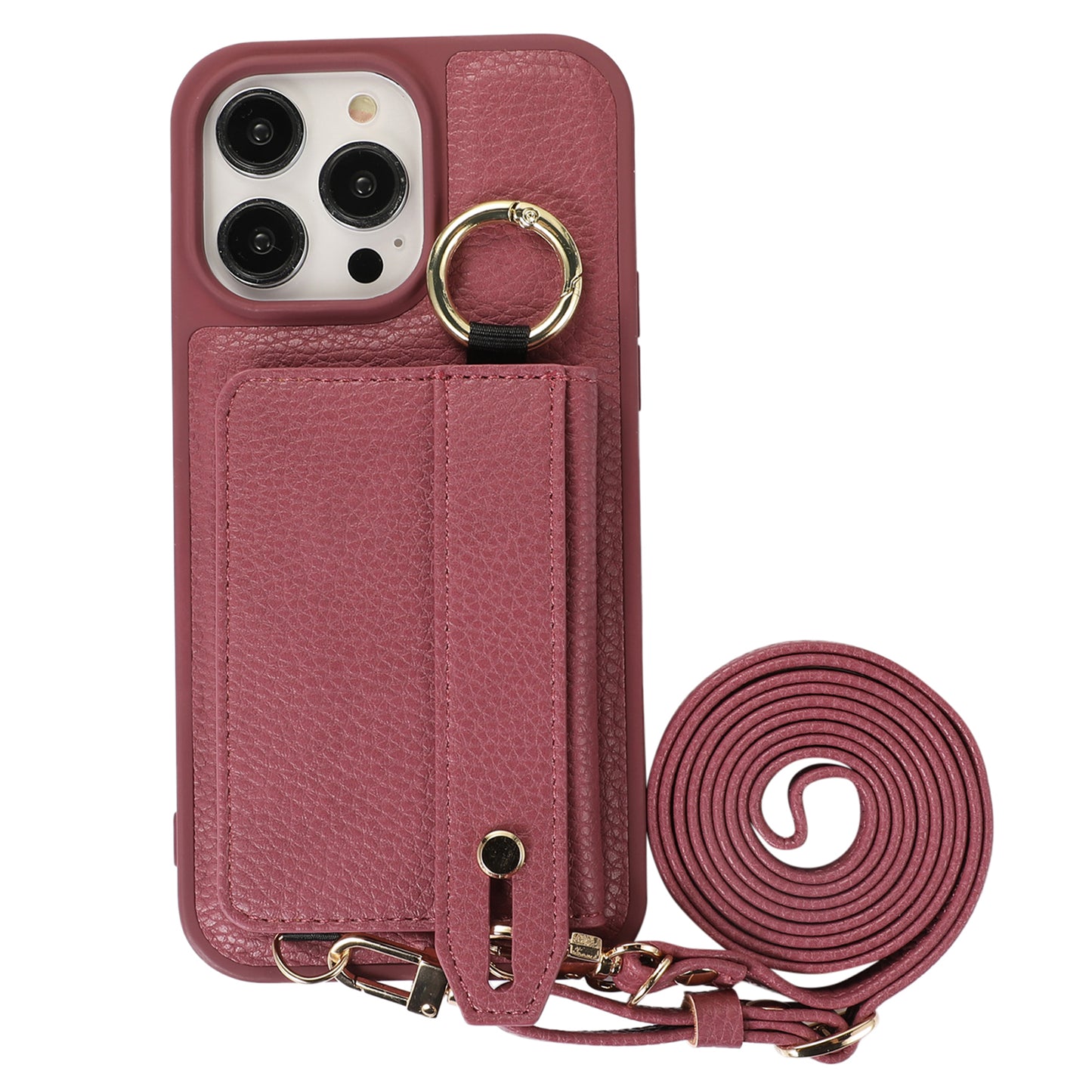 For iPhone 13 Pro 6.1 inch Card Holder Leather+TPU Phone Cover Hand Strap Kickstand Case with Shoulder Strap