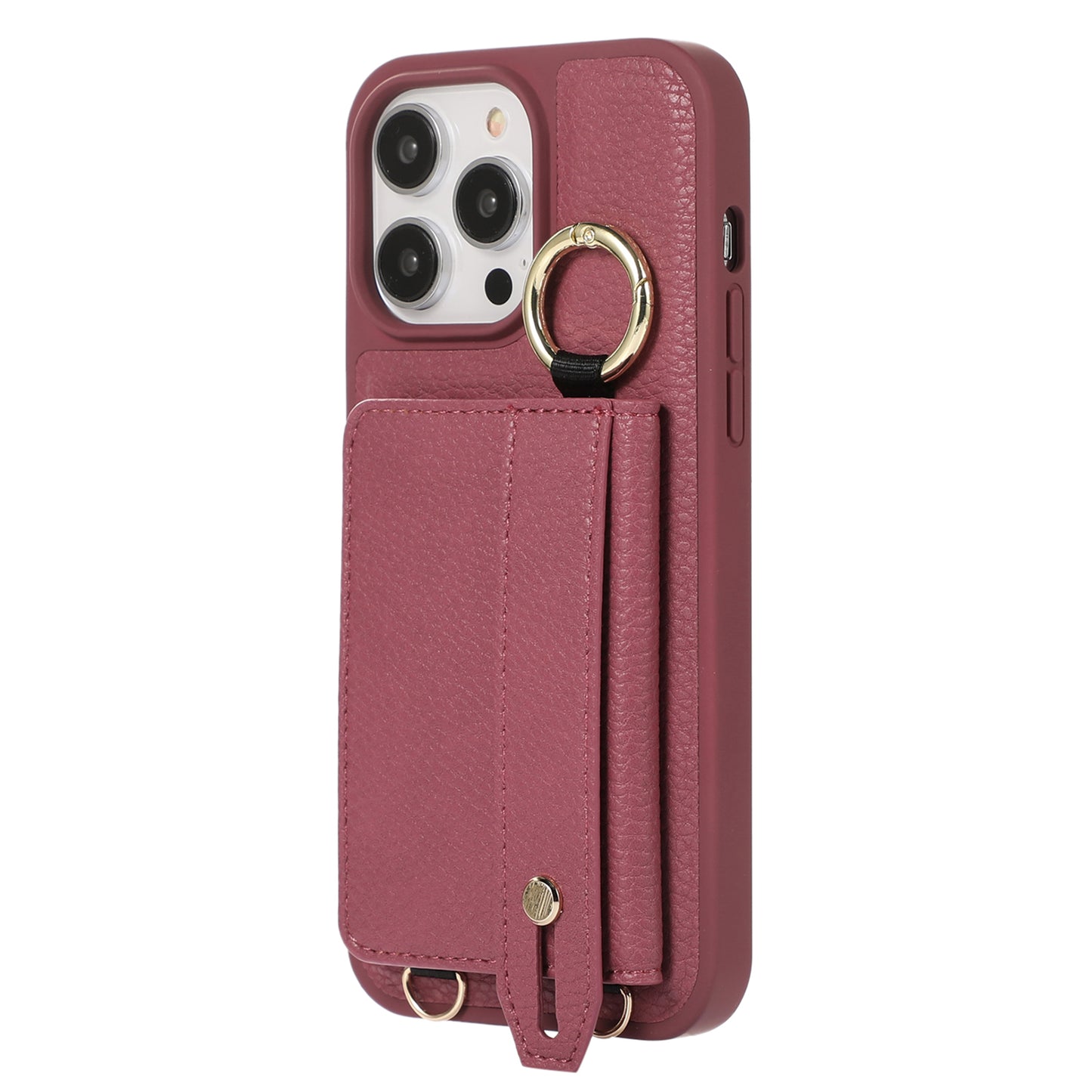 For iPhone 13 Pro 6.1 inch Card Holder Leather+TPU Phone Cover Hand Strap Kickstand Case with Shoulder Strap