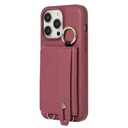 For iPhone 13 Pro 6.1 inch Card Holder Leather+TPU Phone Cover Hand Strap Kickstand Case with Shoulder Strap