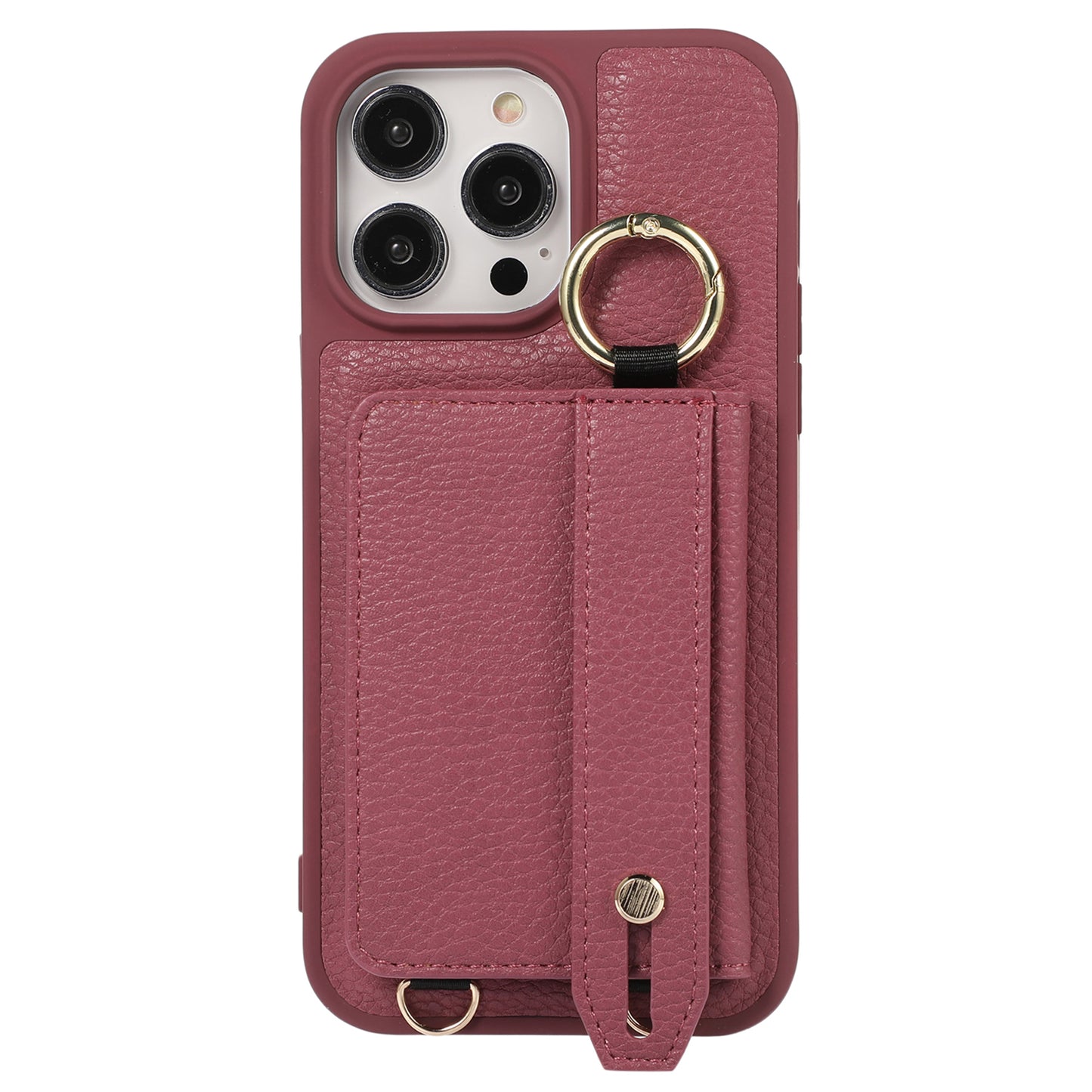 For iPhone 13 Pro 6.1 inch Card Holder Leather+TPU Phone Cover Hand Strap Kickstand Case with Shoulder Strap