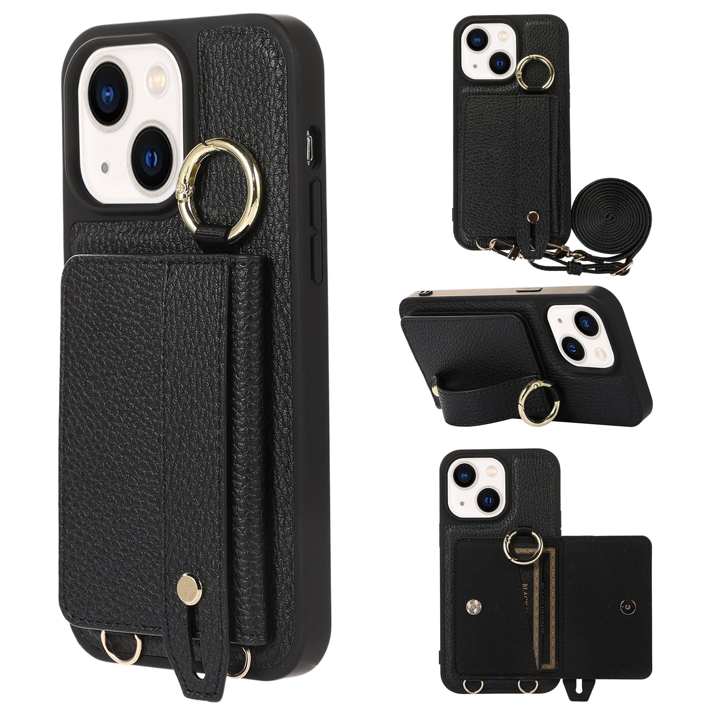 Leather+TPU Cover for iPhone 13 / 14 6.1 inch Card Holder Hand Strap Kickstand Phone Case with Shoulder Strap