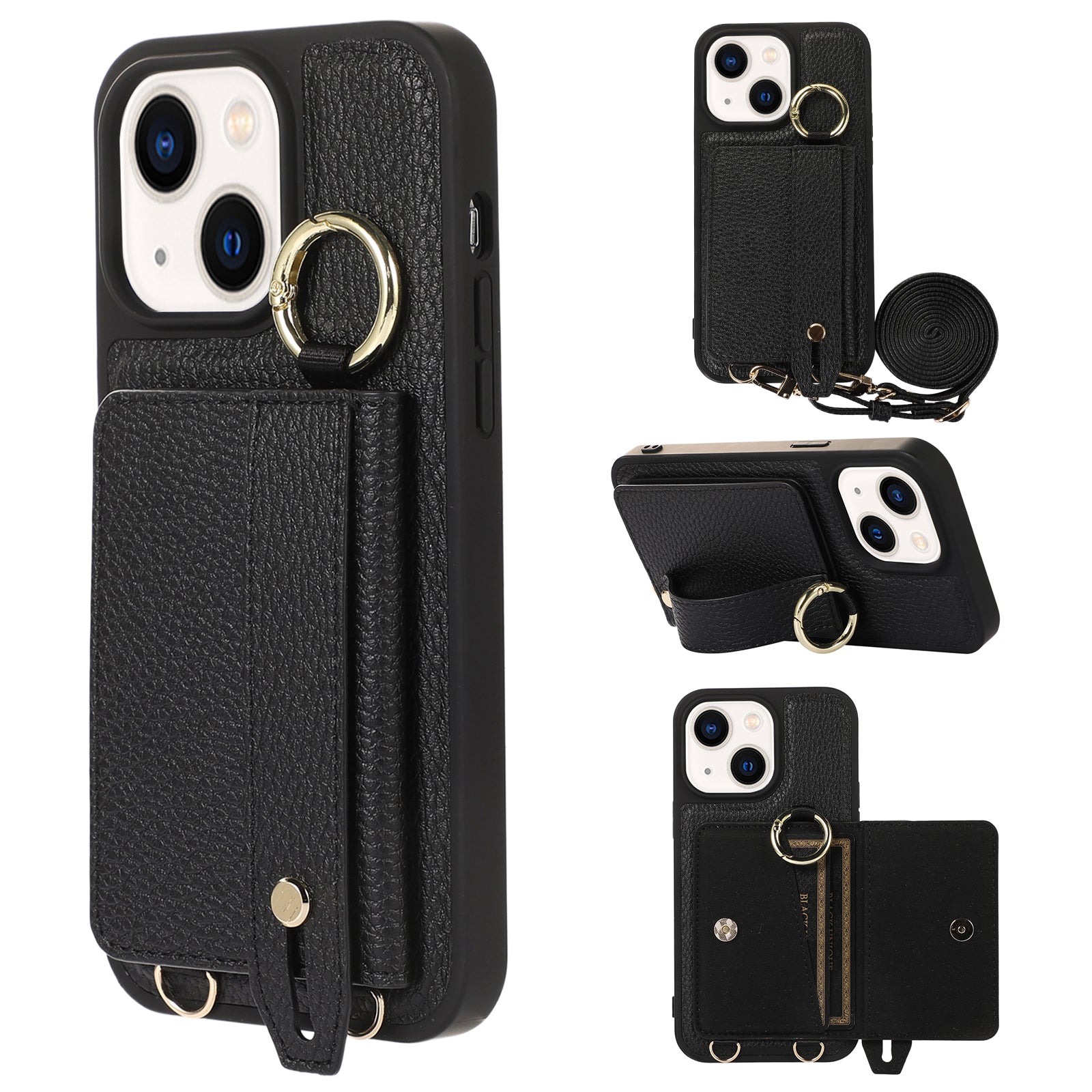 Leather+TPU Cover for iPhone 13 / 14 6.1 inch Card Holder Hand Strap Kickstand Phone Case with Shoulder Strap