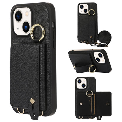 Leather+TPU Cover for iPhone 13 / 14 6.1 inch Card Holder Hand Strap Kickstand Phone Case with Shoulder Strap