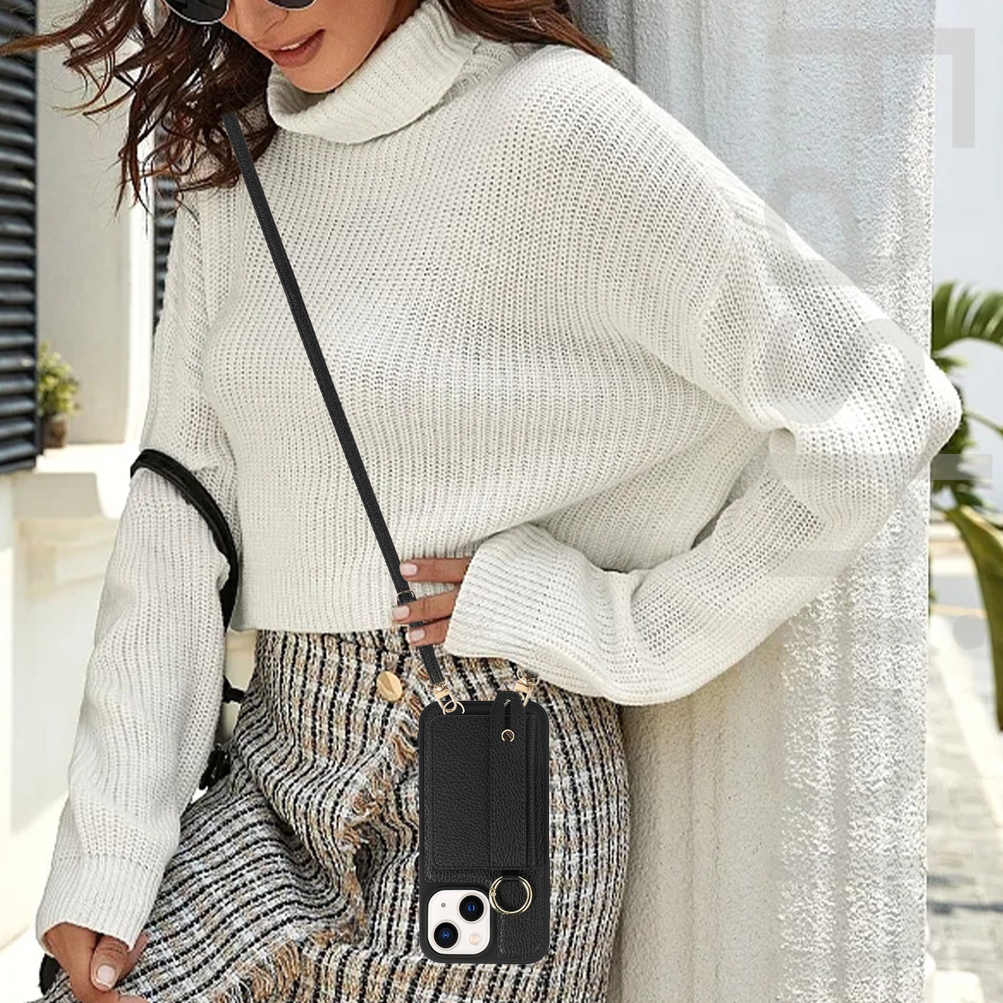 Leather+TPU Cover for iPhone 13 / 14 6.1 inch Card Holder Hand Strap Kickstand Phone Case with Shoulder Strap