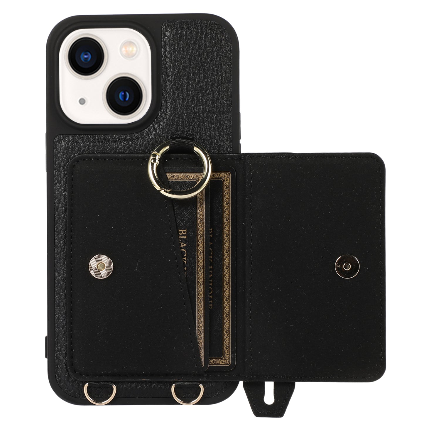 Leather+TPU Cover for iPhone 13 / 14 6.1 inch Card Holder Hand Strap Kickstand Phone Case with Shoulder Strap