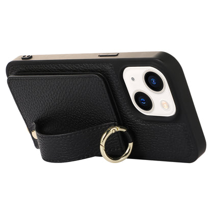 Leather+TPU Cover for iPhone 13 / 14 6.1 inch Card Holder Hand Strap Kickstand Phone Case with Shoulder Strap