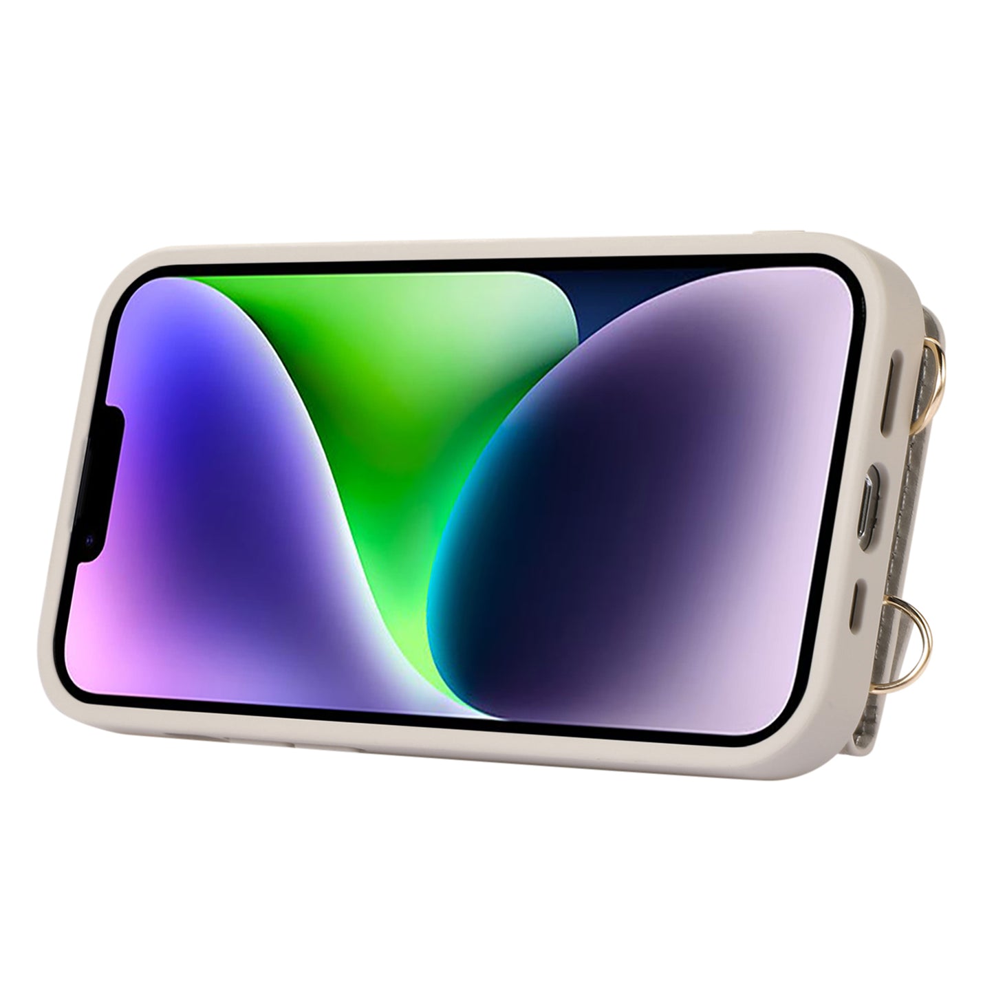 Leather+TPU Cover for iPhone 13 / 14 6.1 inch Card Holder Hand Strap Kickstand Phone Case with Shoulder Strap