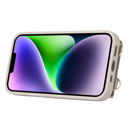 Leather+TPU Cover for iPhone 13 / 14 6.1 inch Card Holder Hand Strap Kickstand Phone Case with Shoulder Strap