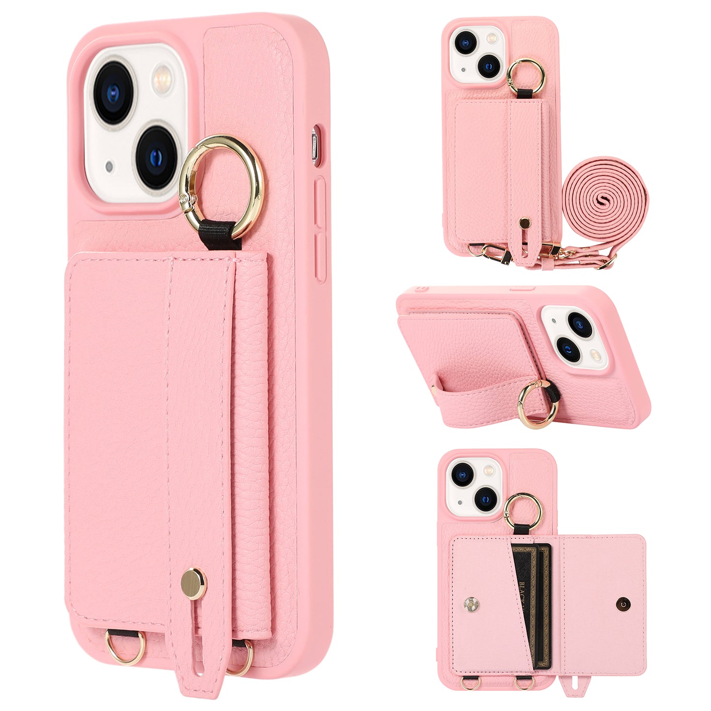 Leather+TPU Cover for iPhone 13 / 14 6.1 inch Card Holder Hand Strap Kickstand Phone Case with Shoulder Strap