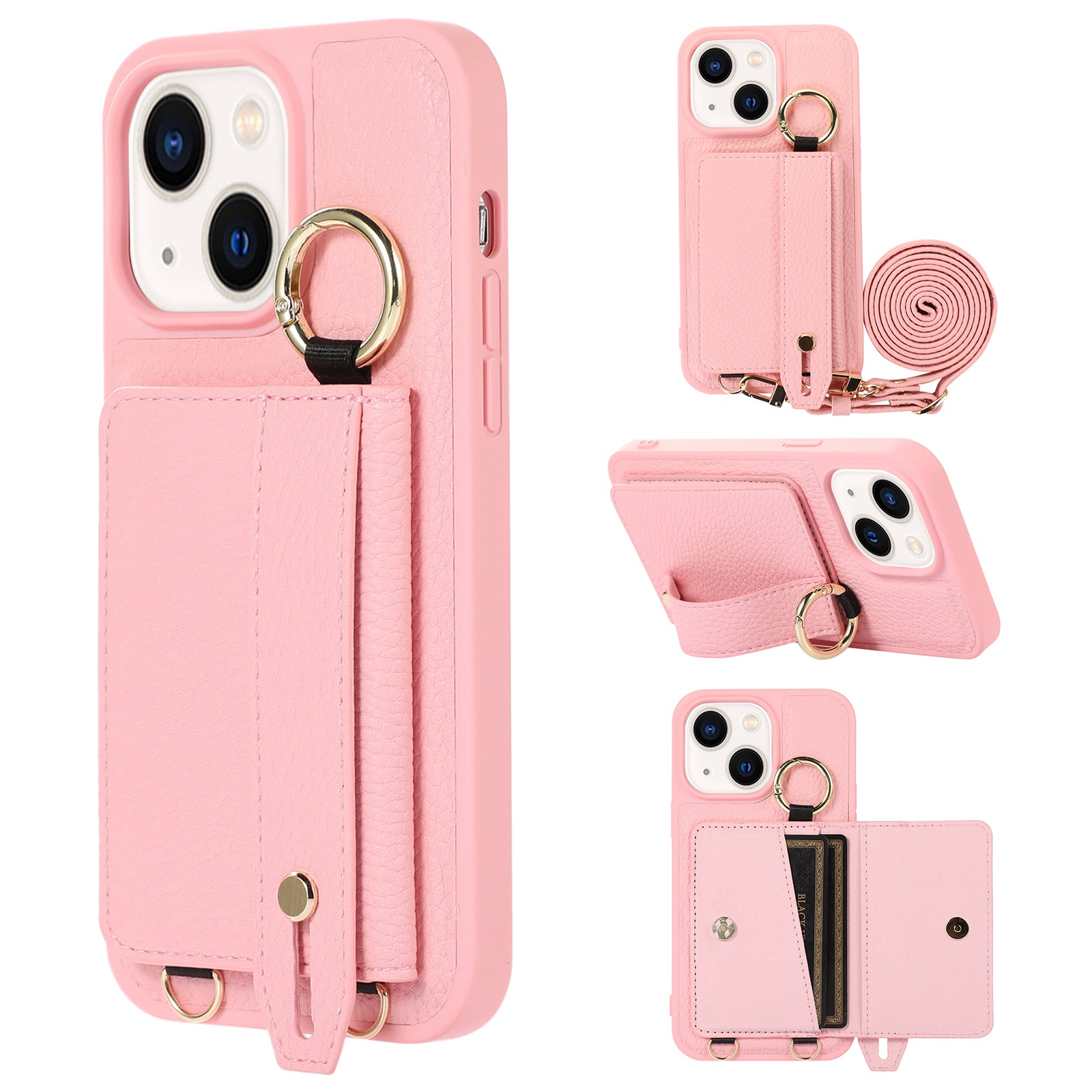 Leather+TPU Cover for iPhone 13 / 14 6.1 inch Card Holder Hand Strap Kickstand Phone Case with Shoulder Strap