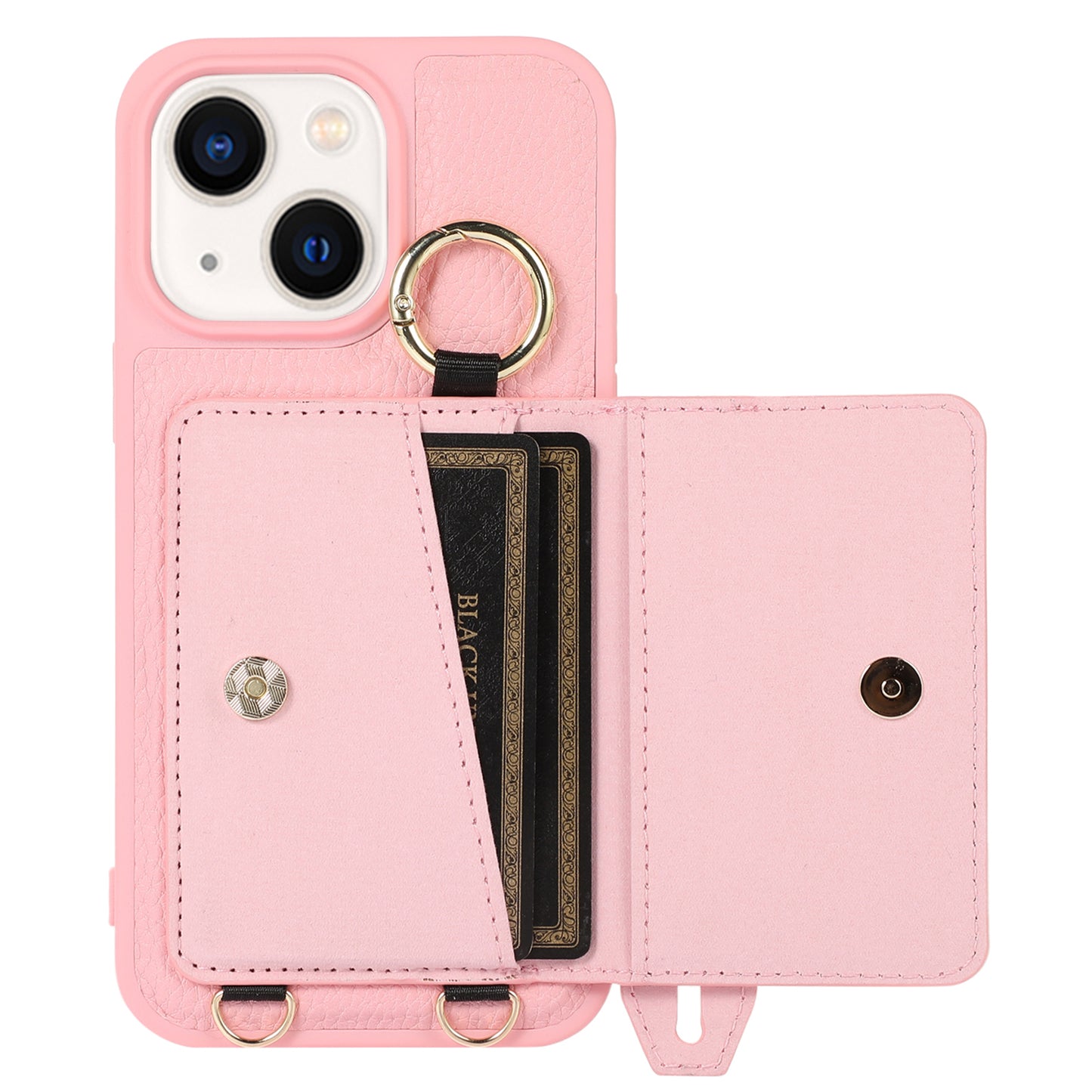 Leather+TPU Cover for iPhone 13 / 14 6.1 inch Card Holder Hand Strap Kickstand Phone Case with Shoulder Strap