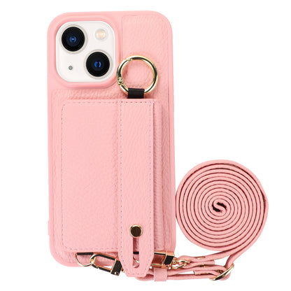 Leather+TPU Cover for iPhone 13 / 14 6.1 inch Card Holder Hand Strap Kickstand Phone Case with Shoulder Strap