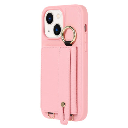 Leather+TPU Cover for iPhone 13 / 14 6.1 inch Card Holder Hand Strap Kickstand Phone Case with Shoulder Strap