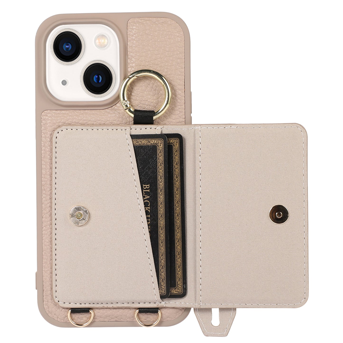 Leather+TPU Cover for iPhone 13 / 14 6.1 inch Card Holder Hand Strap Kickstand Phone Case with Shoulder Strap