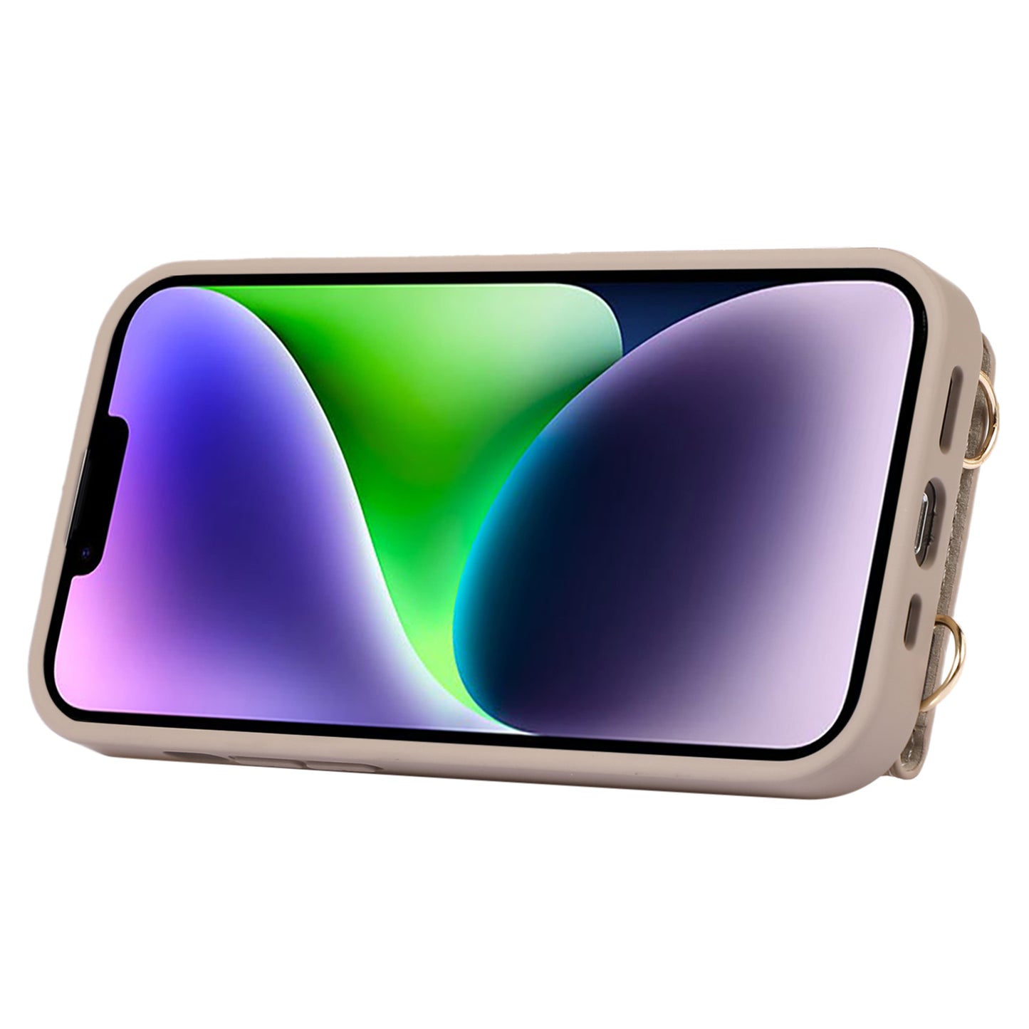 Leather+TPU Cover for iPhone 13 / 14 6.1 inch Card Holder Hand Strap Kickstand Phone Case with Shoulder Strap