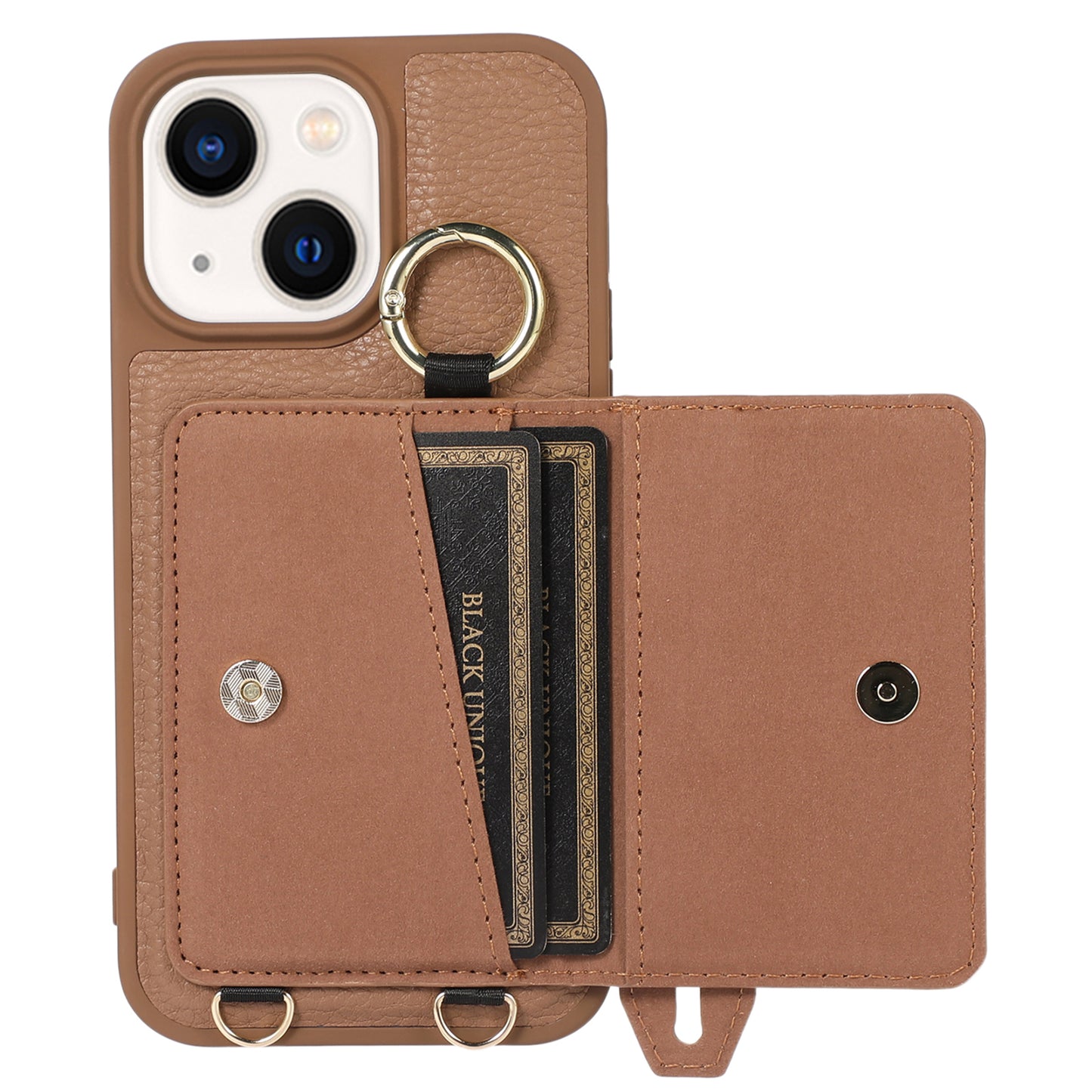 Leather+TPU Cover for iPhone 13 / 14 6.1 inch Card Holder Hand Strap Kickstand Phone Case with Shoulder Strap