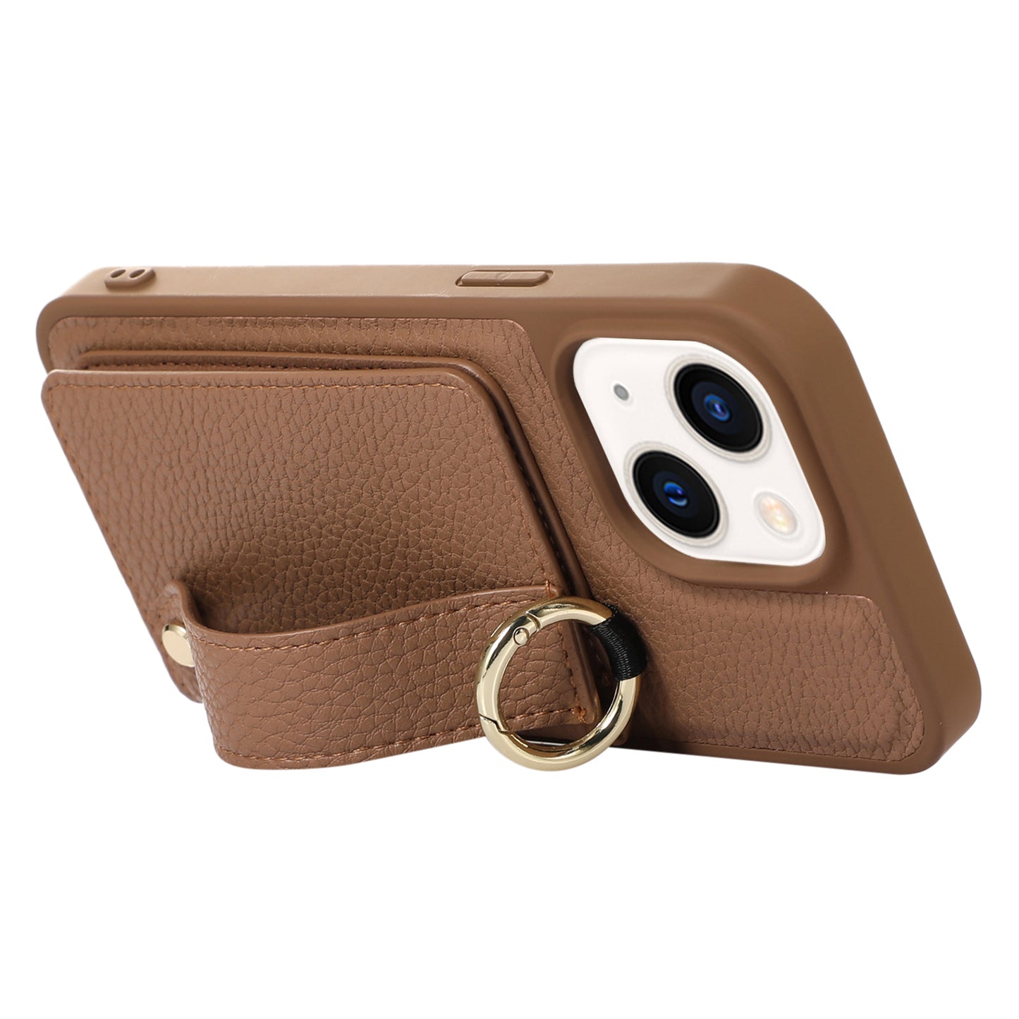 Leather+TPU Cover for iPhone 13 / 14 6.1 inch Card Holder Hand Strap Kickstand Phone Case with Shoulder Strap