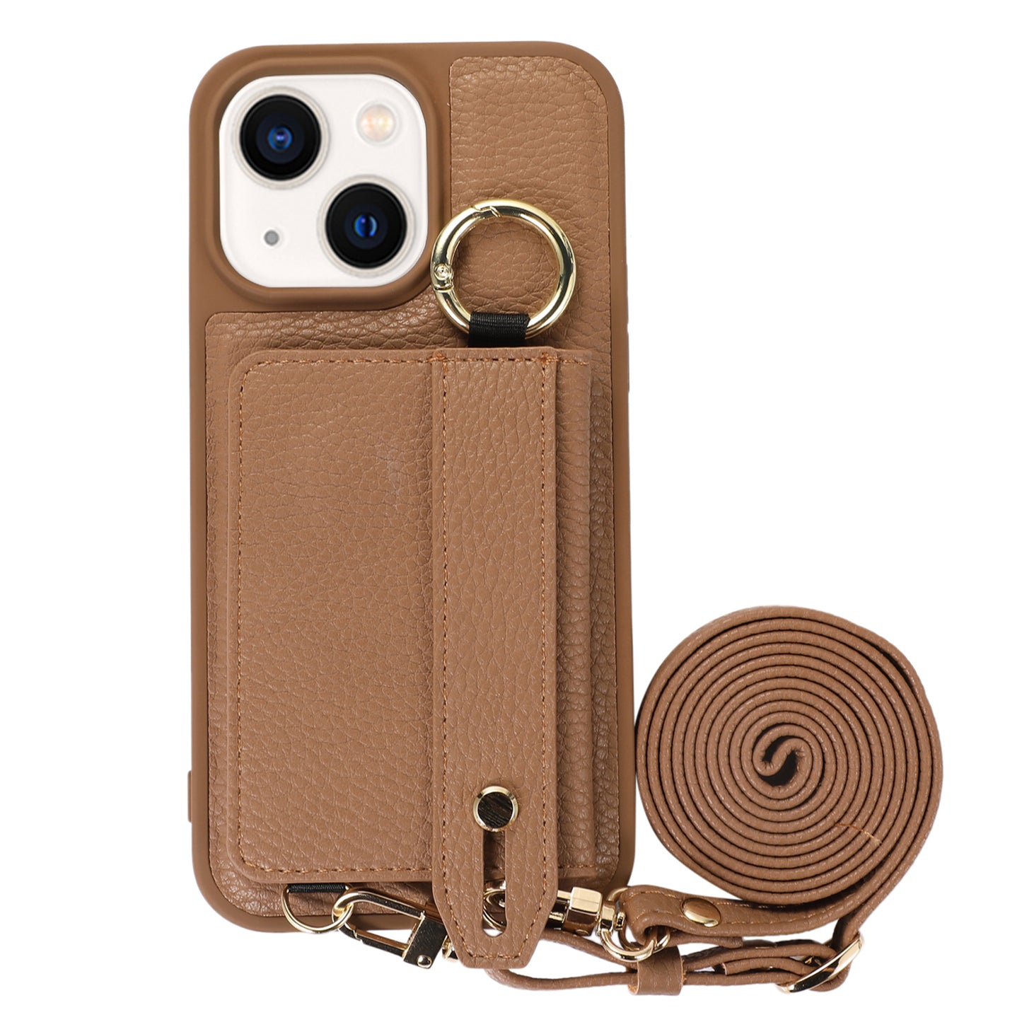 Leather+TPU Cover for iPhone 13 / 14 6.1 inch Card Holder Hand Strap Kickstand Phone Case with Shoulder Strap