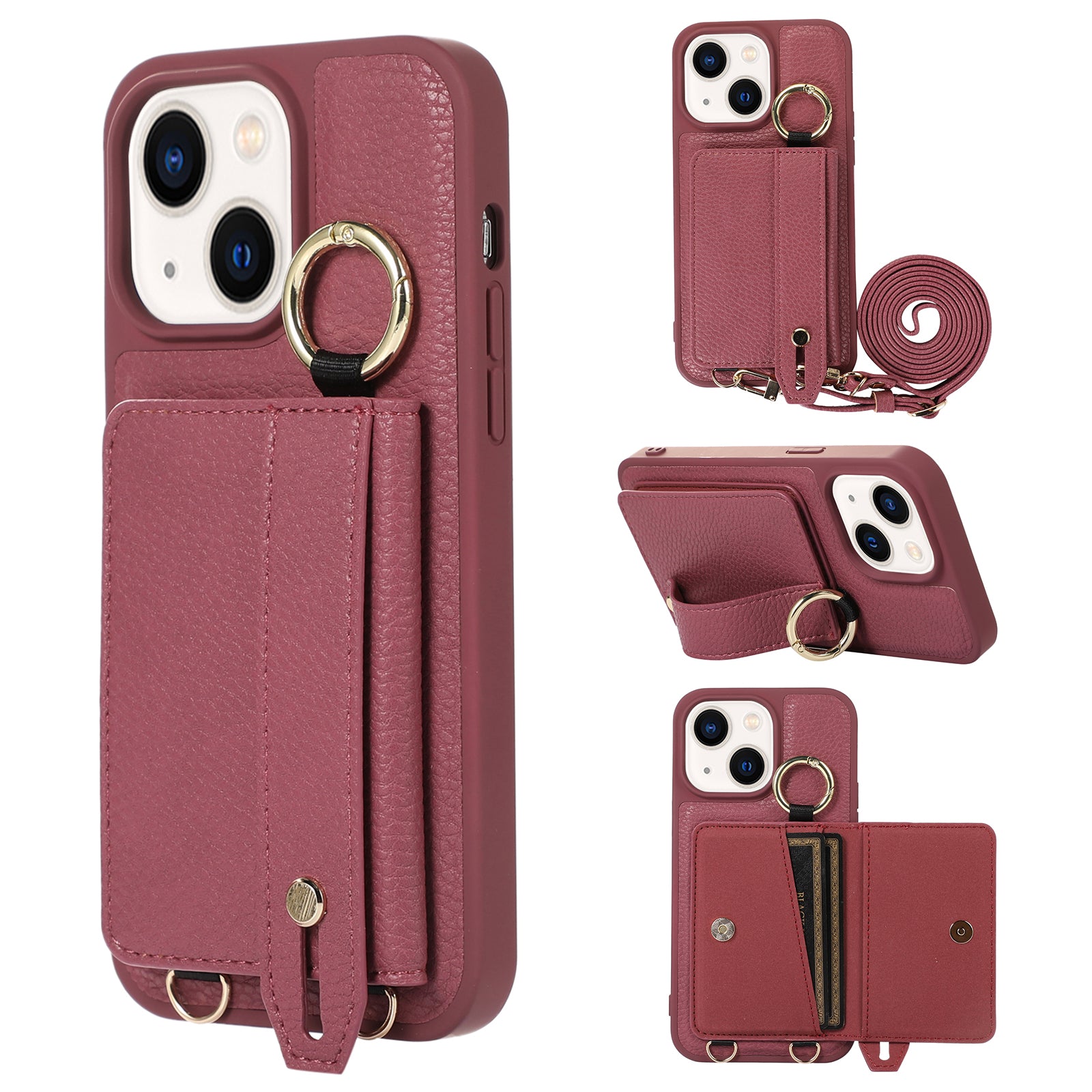 Leather+TPU Cover for iPhone 13 / 14 6.1 inch Card Holder Hand Strap Kickstand Phone Case with Shoulder Strap