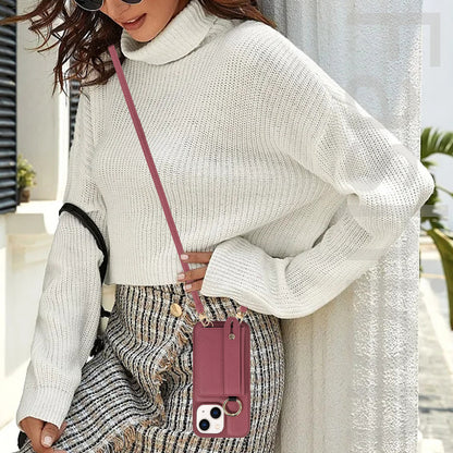 Leather+TPU Cover for iPhone 13 / 14 6.1 inch Card Holder Hand Strap Kickstand Phone Case with Shoulder Strap