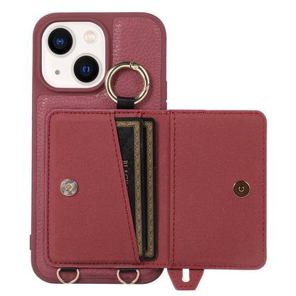 Leather+TPU Cover for iPhone 13 / 14 6.1 inch Card Holder Hand Strap Kickstand Phone Case with Shoulder Strap