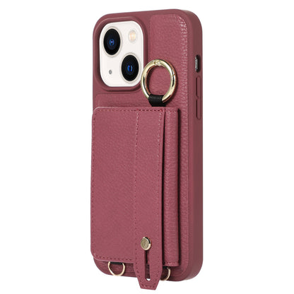 Leather+TPU Cover for iPhone 13 / 14 6.1 inch Card Holder Hand Strap Kickstand Phone Case with Shoulder Strap