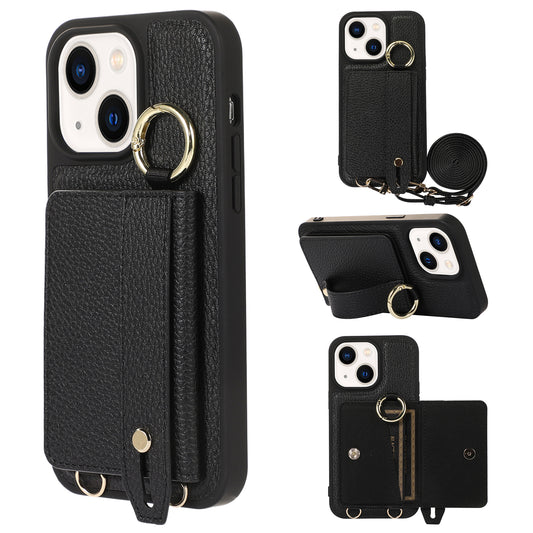 Anti-drop Cover for iPhone 14 Plus Card Holder Hand Strap Leather+TPU Phone Kickstand Case with Shoulder Strap