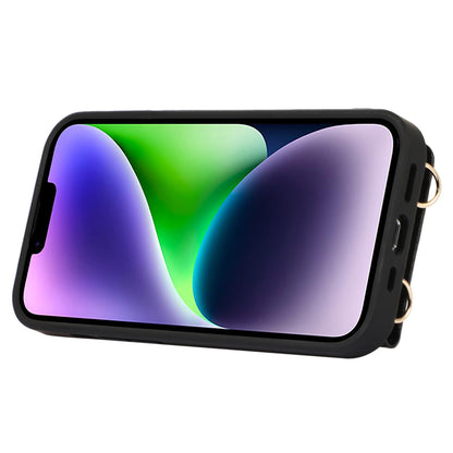 Anti-drop Cover for iPhone 14 Plus Card Holder Hand Strap Leather+TPU Phone Kickstand Case with Shoulder Strap