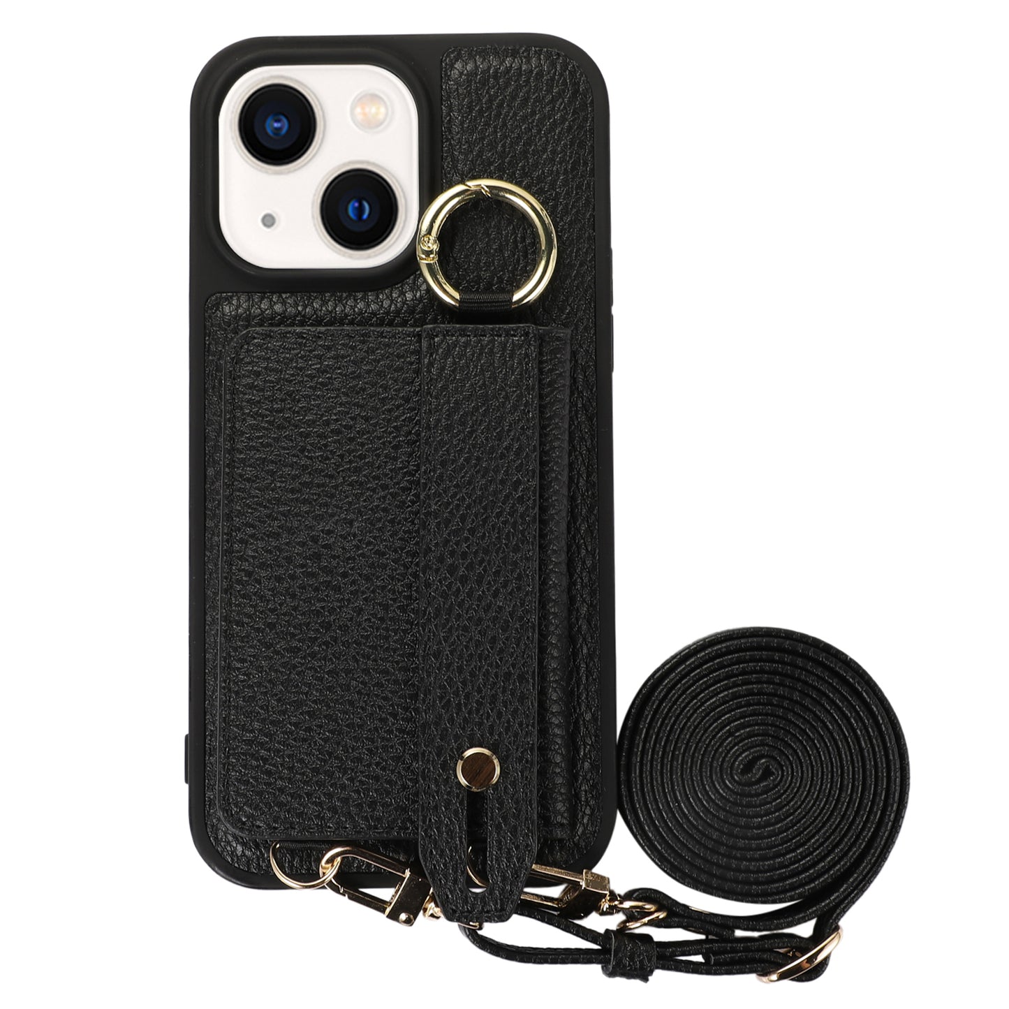 Anti-drop Cover for iPhone 14 Plus Card Holder Hand Strap Leather+TPU Phone Kickstand Case with Shoulder Strap