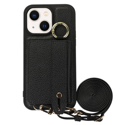 Anti-drop Cover for iPhone 14 Plus Card Holder Hand Strap Leather+TPU Phone Kickstand Case with Shoulder Strap