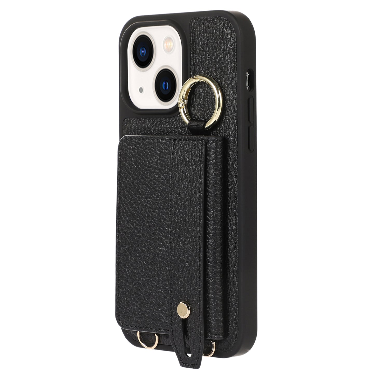 Anti-drop Cover for iPhone 14 Plus Card Holder Hand Strap Leather+TPU Phone Kickstand Case with Shoulder Strap
