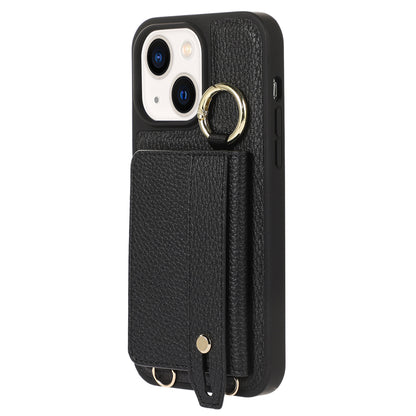Anti-drop Cover for iPhone 14 Plus Card Holder Hand Strap Leather+TPU Phone Kickstand Case with Shoulder Strap