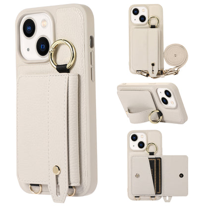 Anti-drop Cover for iPhone 14 Plus Card Holder Hand Strap Leather+TPU Phone Kickstand Case with Shoulder Strap