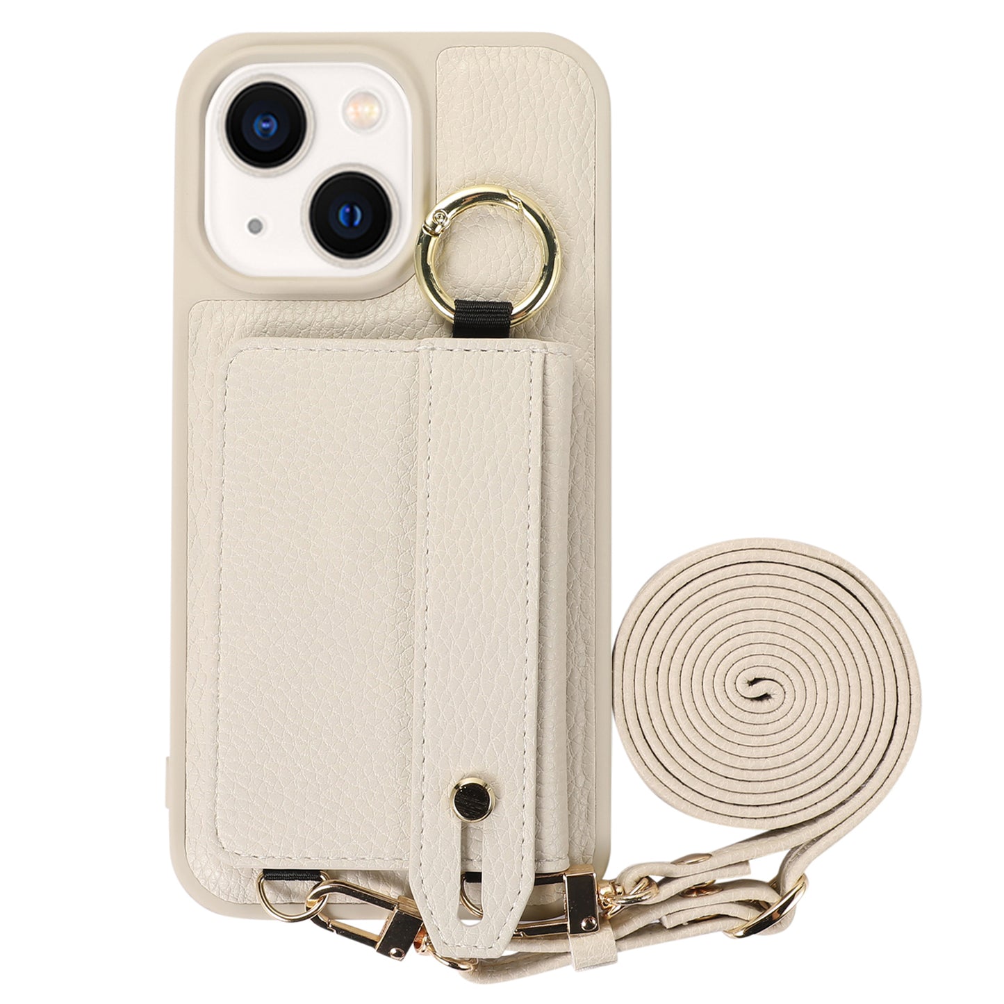 Anti-drop Cover for iPhone 14 Plus Card Holder Hand Strap Leather+TPU Phone Kickstand Case with Shoulder Strap
