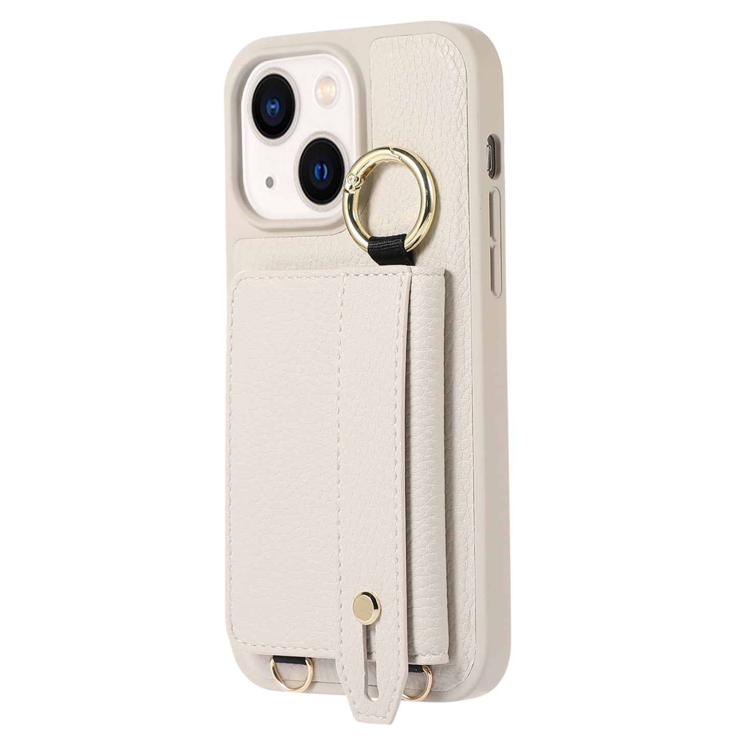 Anti-drop Cover for iPhone 14 Plus Card Holder Hand Strap Leather+TPU Phone Kickstand Case with Shoulder Strap