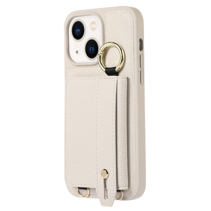 Anti-drop Cover for iPhone 14 Plus Card Holder Hand Strap Leather+TPU Phone Kickstand Case with Shoulder Strap