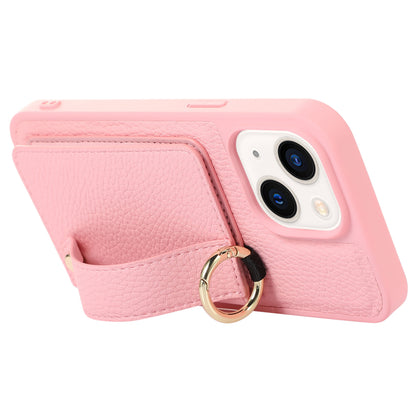 Anti-drop Cover for iPhone 14 Plus Card Holder Hand Strap Leather+TPU Phone Kickstand Case with Shoulder Strap