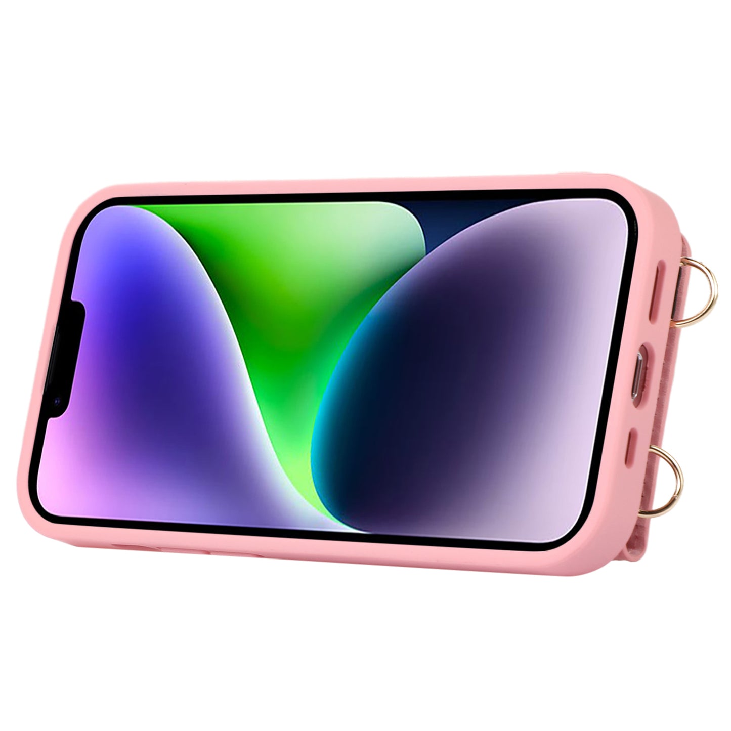 Anti-drop Cover for iPhone 14 Plus Card Holder Hand Strap Leather+TPU Phone Kickstand Case with Shoulder Strap