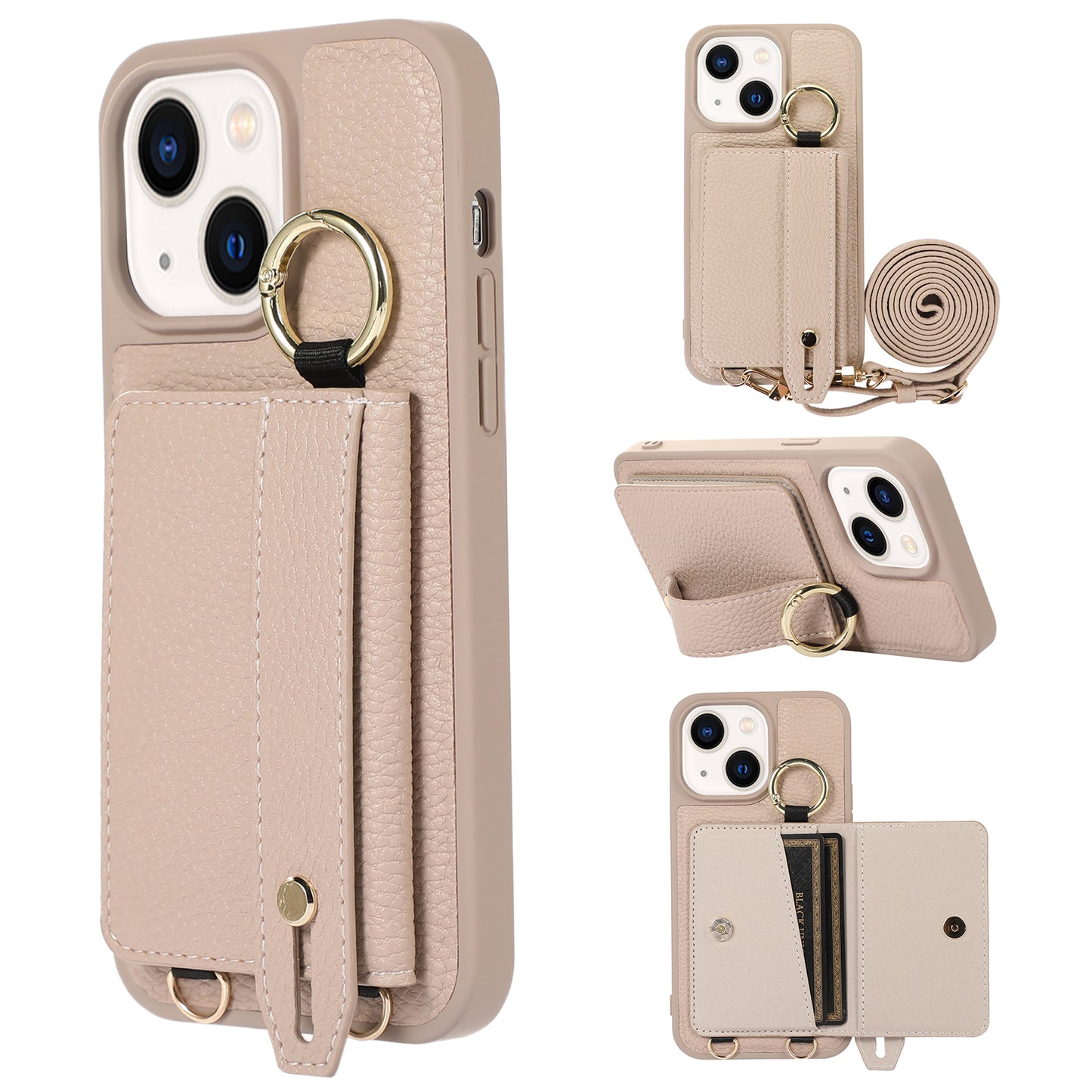 Anti-drop Cover for iPhone 14 Plus Card Holder Hand Strap Leather+TPU Phone Kickstand Case with Shoulder Strap