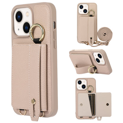 Anti-drop Cover for iPhone 14 Plus Card Holder Hand Strap Leather+TPU Phone Kickstand Case with Shoulder Strap