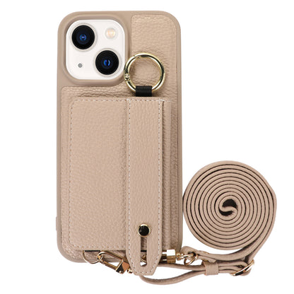 Anti-drop Cover for iPhone 14 Plus Card Holder Hand Strap Leather+TPU Phone Kickstand Case with Shoulder Strap