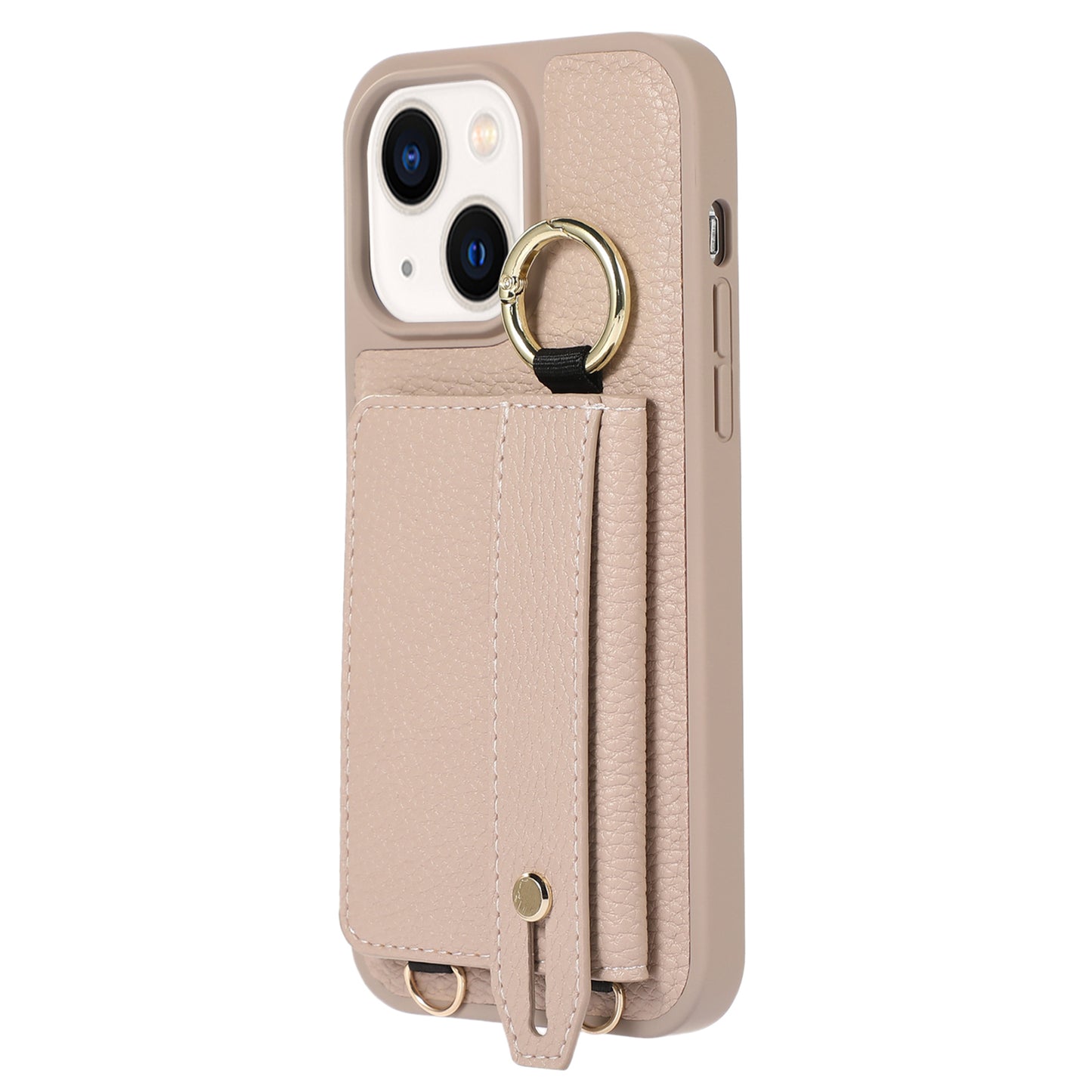 Anti-drop Cover for iPhone 14 Plus Card Holder Hand Strap Leather+TPU Phone Kickstand Case with Shoulder Strap