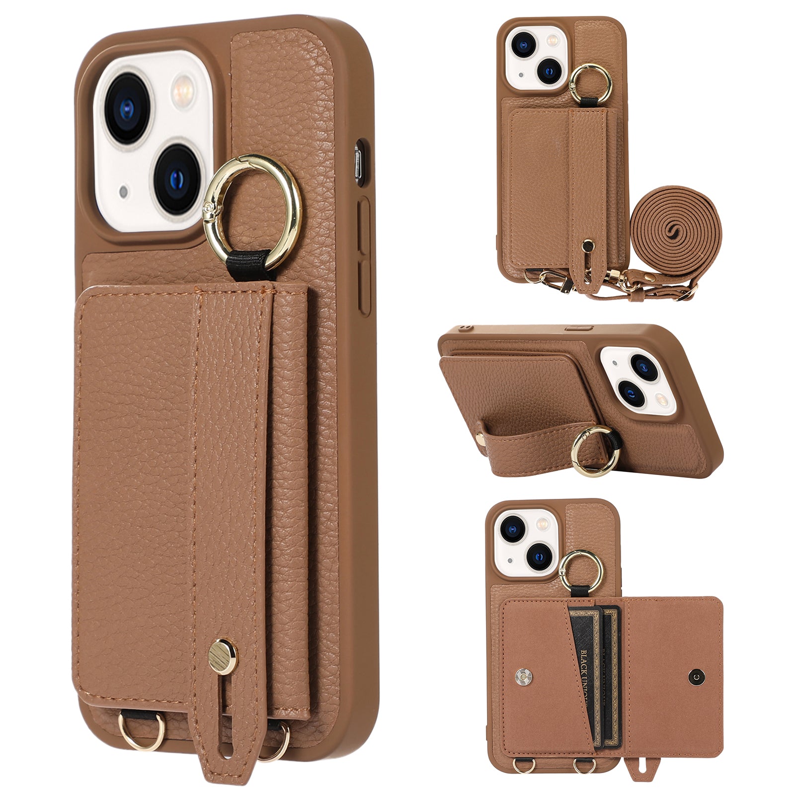 Anti-drop Cover for iPhone 14 Plus Card Holder Hand Strap Leather+TPU Phone Kickstand Case with Shoulder Strap