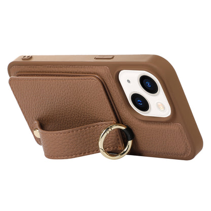 Anti-drop Cover for iPhone 14 Plus Card Holder Hand Strap Leather+TPU Phone Kickstand Case with Shoulder Strap